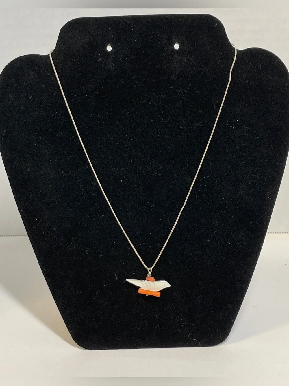 Southwestern Sterling Silver Coral MOP Bird Necklace, 4.36g, 16in